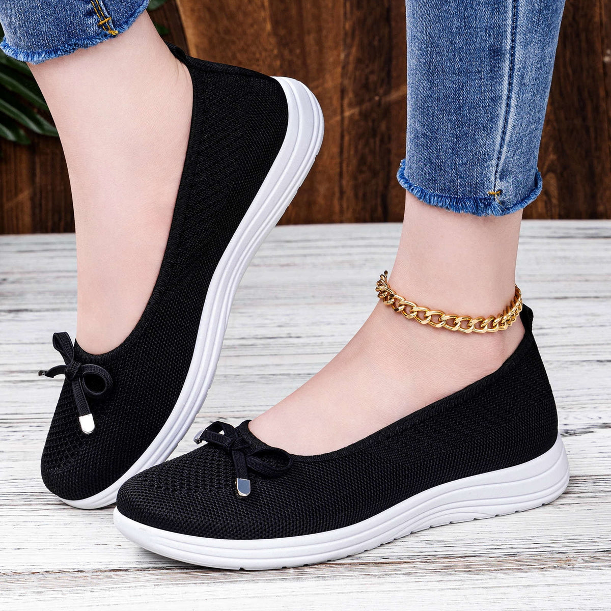 KIJBLAE Women's Plus Size Knit Mesh Low Cut Comfort Flats, Breathable Lightweight Slip On Daily Shoes Black 36