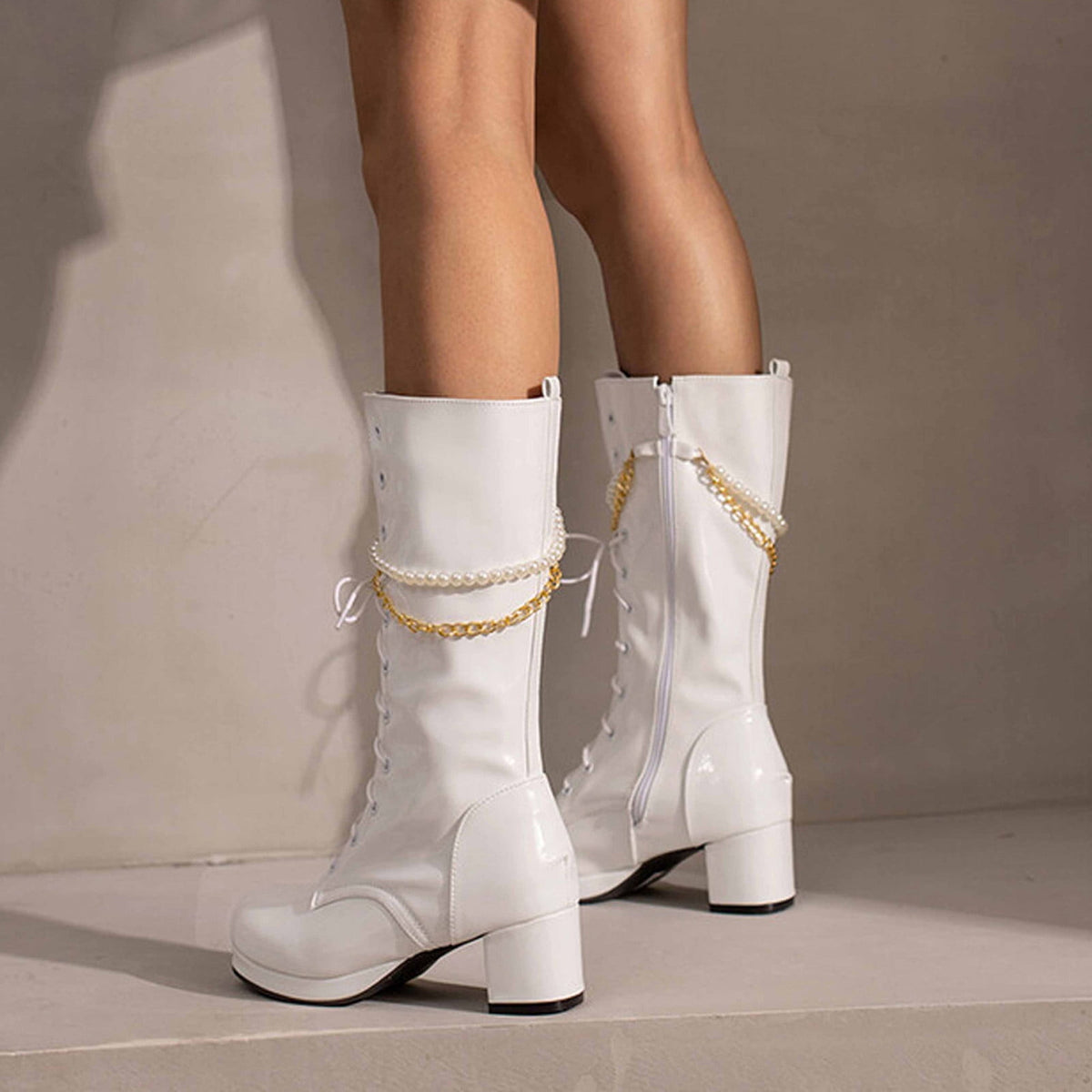 hopeusnice Knee High Boots for Women Mid Calf Boots Chunky Block Heels Buckle Lace Up Boots Stylish Fall Winter Shoes Orange 36