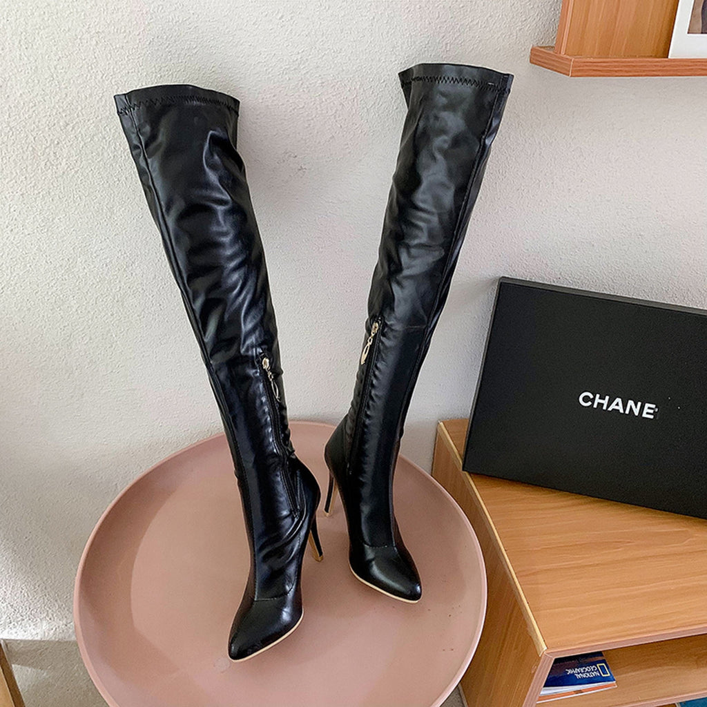 hopeusnice Women's Over The Knee Boots Pointed Toe High Heel Stilettos Boots Thigh High Boots Elegant Party Dress Boots Chunky Heel Fall Winter Shoes Blue 35