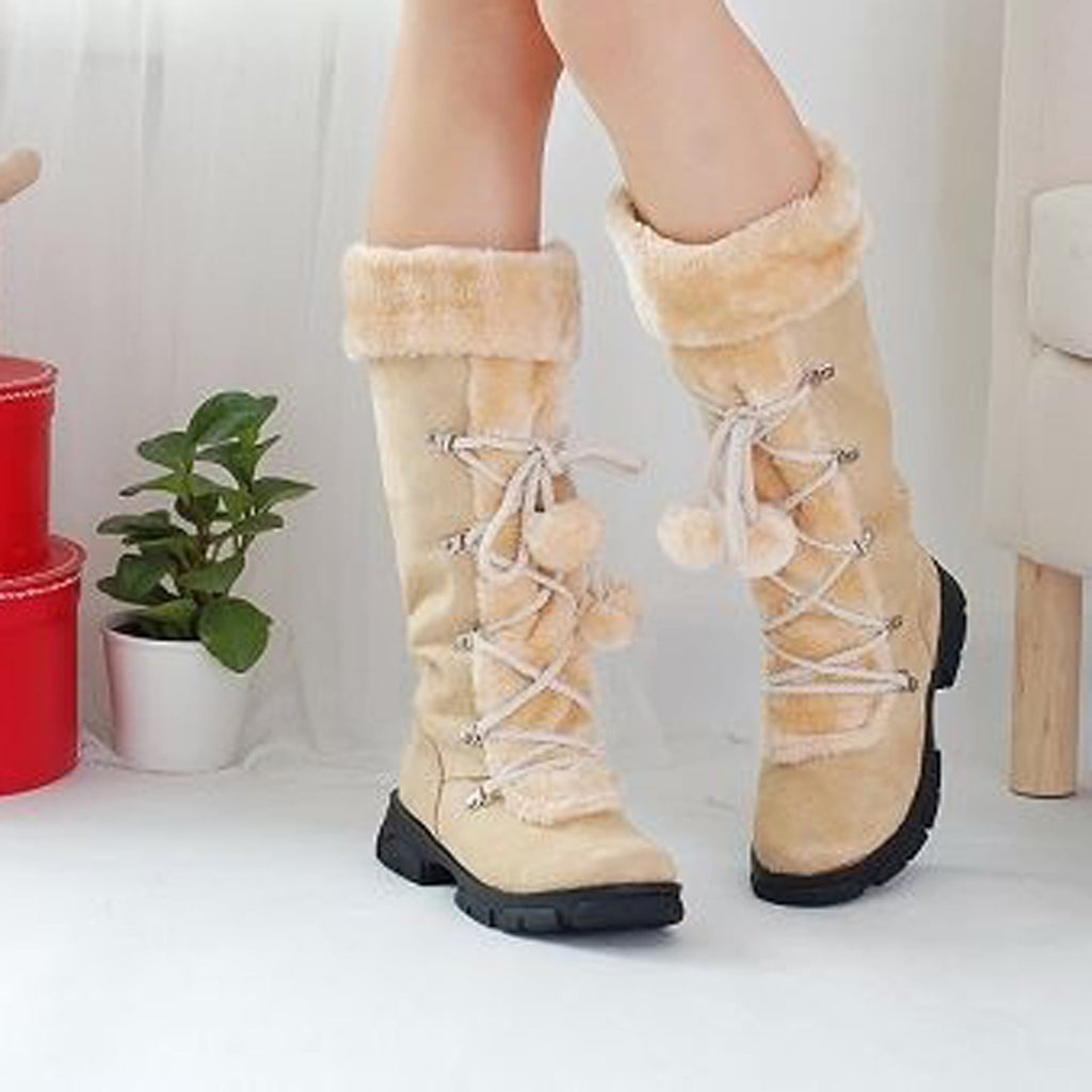 hopeusnice Women's Winter Boots Fuzzy Fleece Lined Knee High Snow Boots Warm Plush Lace Up Outdoor Ankle Boots Beige 36
