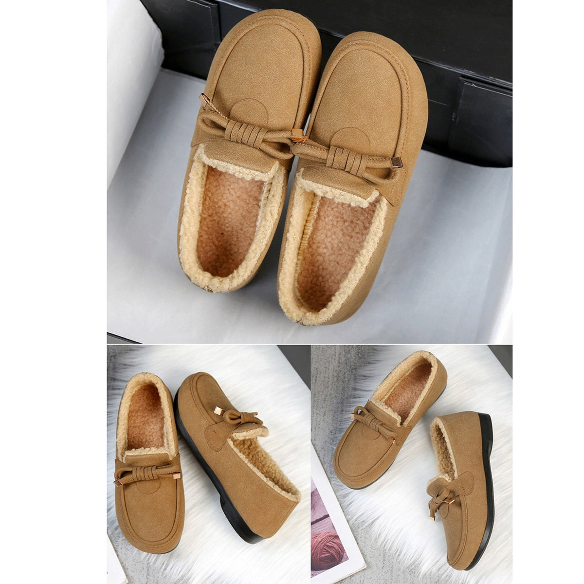 hopeusnice Women's Winter Fuzzy Fleece Lined Snow Boots Slip On Flat Shoes Warm Plush Bowknot Cozy Indoor Outdoor Flats Green 37