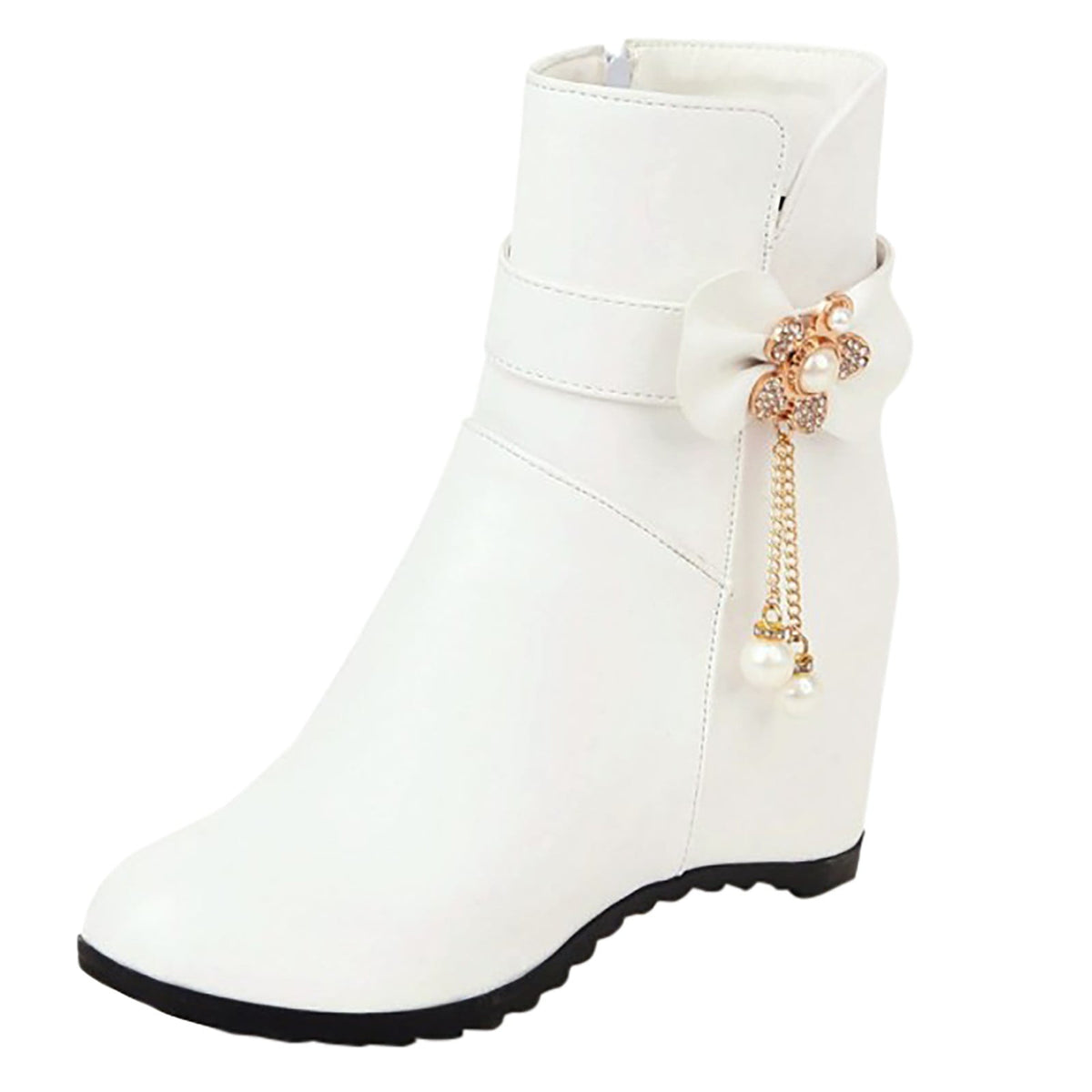 Women's Ankle Boots Wedge Heel Zipper Closure Bowknot Decor Faux Leather Booties Short Boots Comfortable Wedge Heel Shoes Pink 40