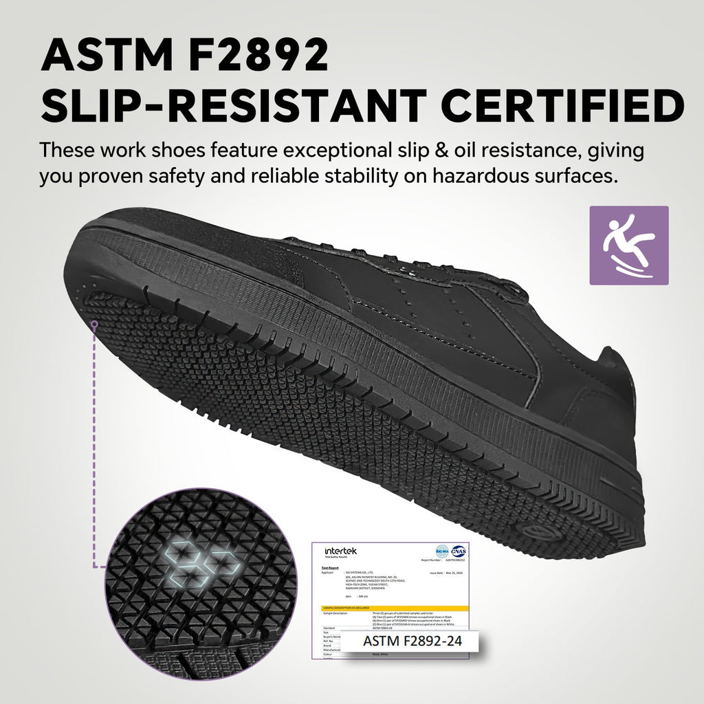 SPIEZ Non Slip Work Shoes for Women, ASTM F2892 Certified Water-Repellent Oil-Resistant Sneakers for Food Service, Nursing or Daily Wear, Black Size 8