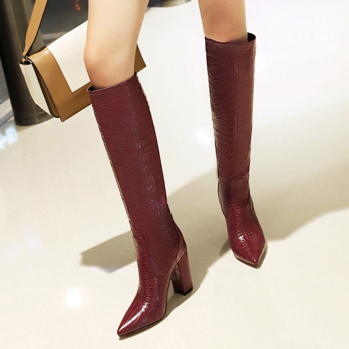 Women's Knee High Boots Pointed Toe Chunky Heel Leather Boots Fall Winter Warm Comfortable Fashion Boots Yellow 44