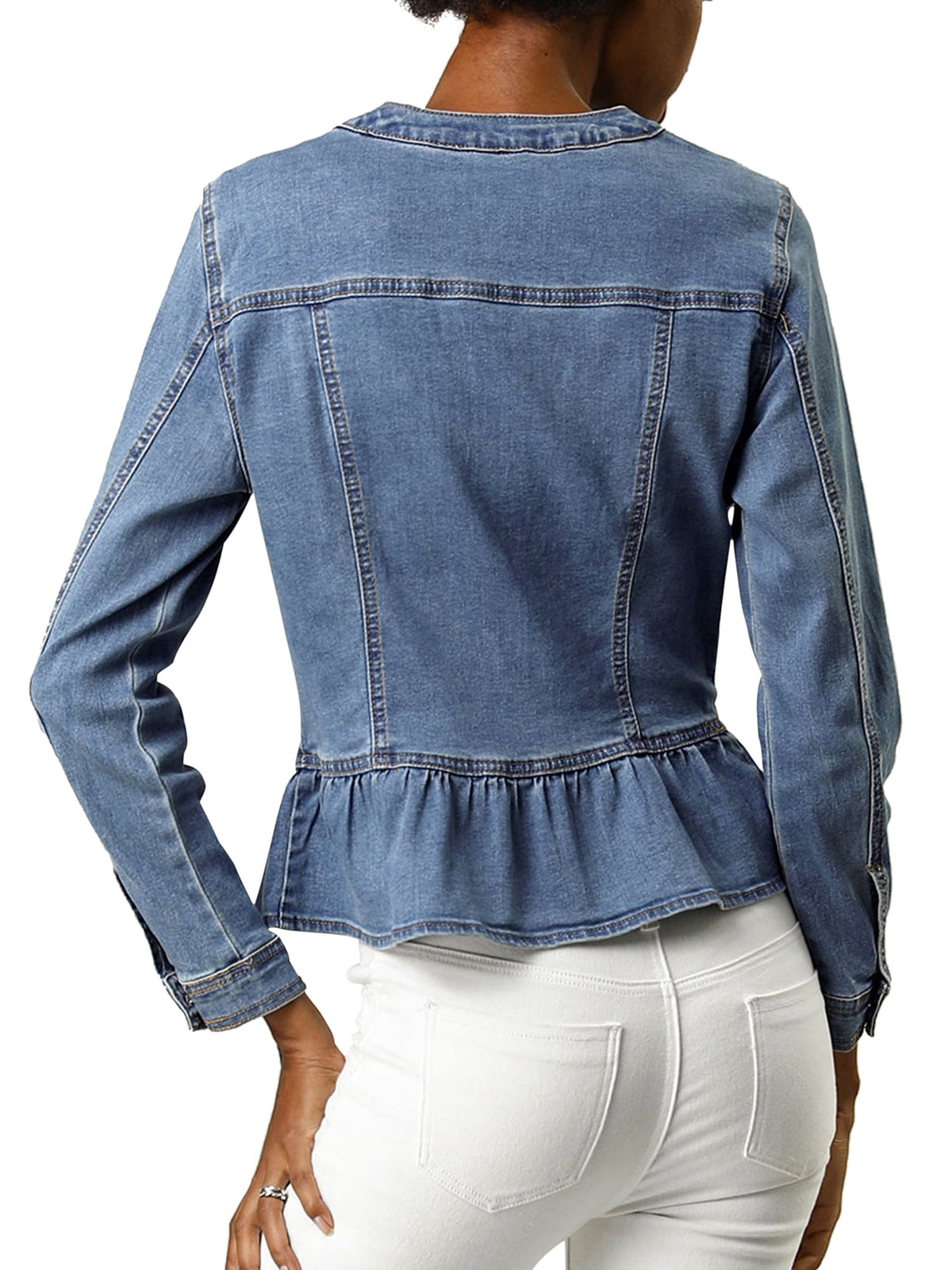 INSPIRE CHIC Women's Denim Jackets Button Down Peplum Hem Long Sleeves Cropped Jean Jackets White L