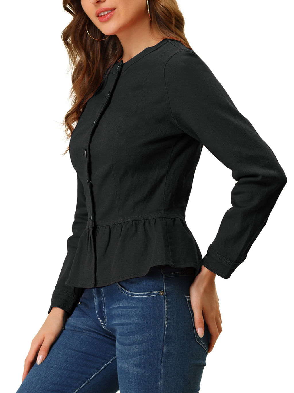 INSPIRE CHIC Women's Denim Jackets Button Down Peplum Hem Long Sleeves Cropped Jean Jackets White L