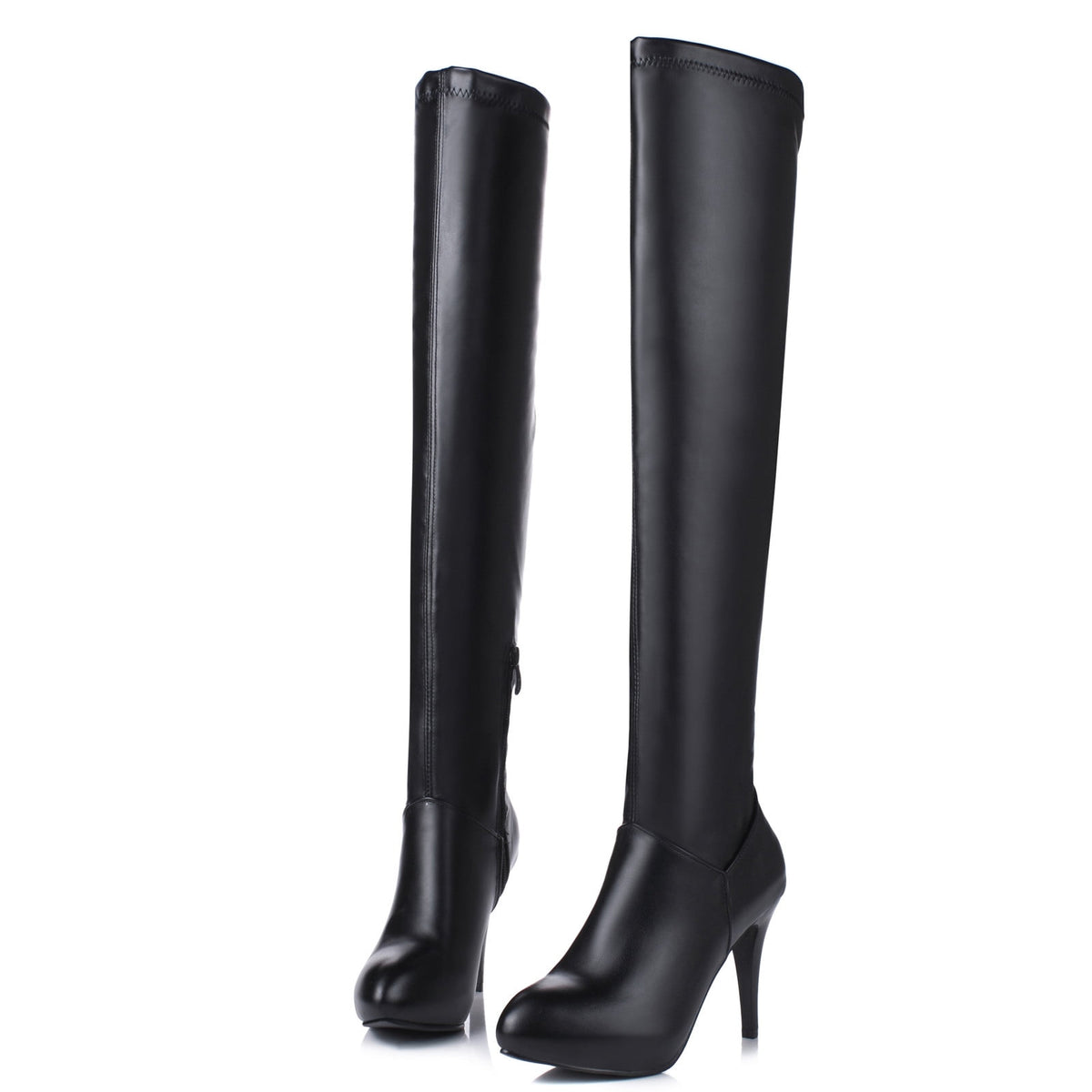 hopeusnice Women's Over The Knee Boots High Heel Pointed Toe Faux Leather Knee High Boots Stretch Slouch Boots Fall Winter Boots Black 35
