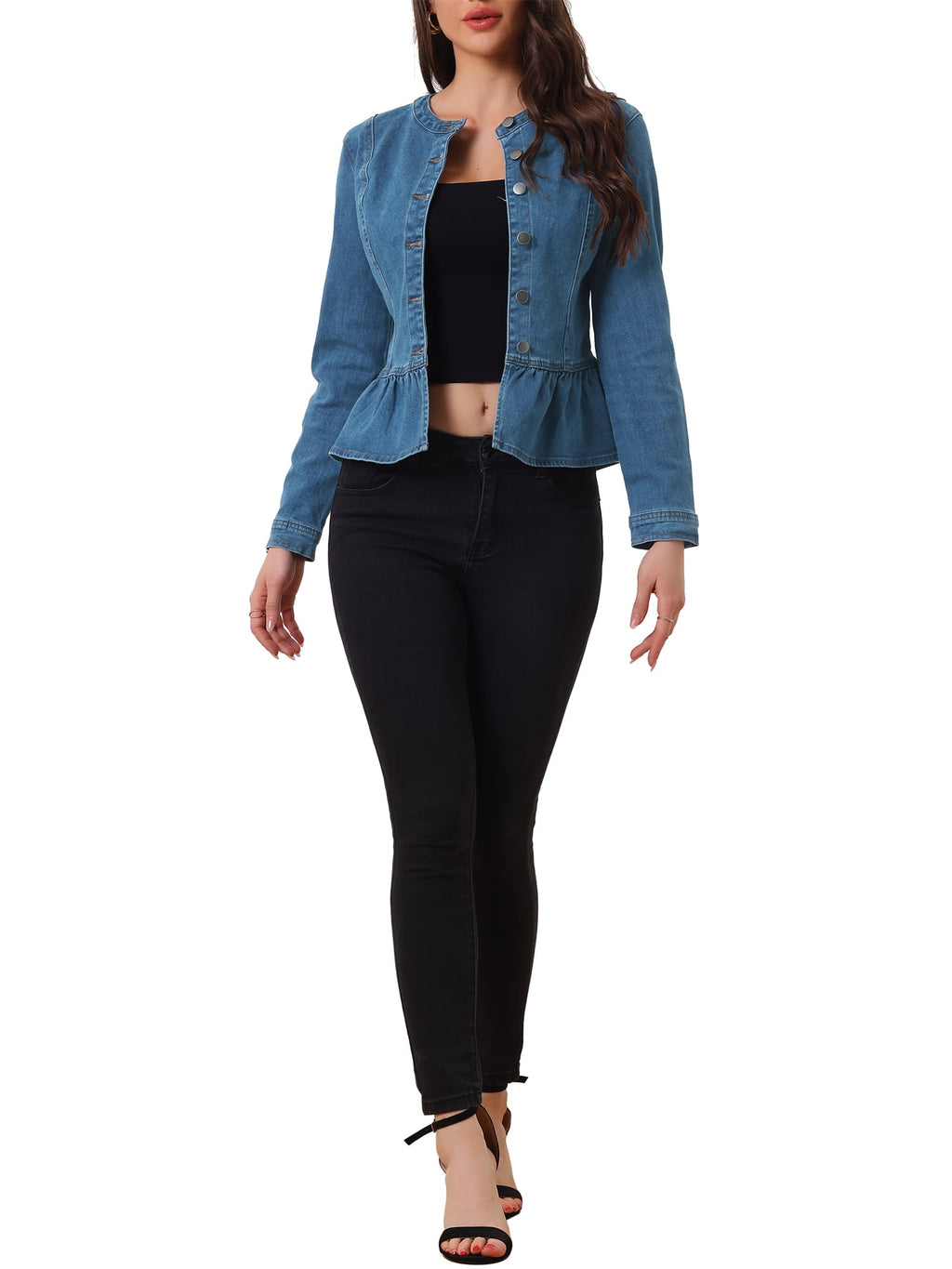 INSPIRE CHIC Women's Denim Jackets Button Down Peplum Hem Long Sleeves Cropped Jean Jackets White L