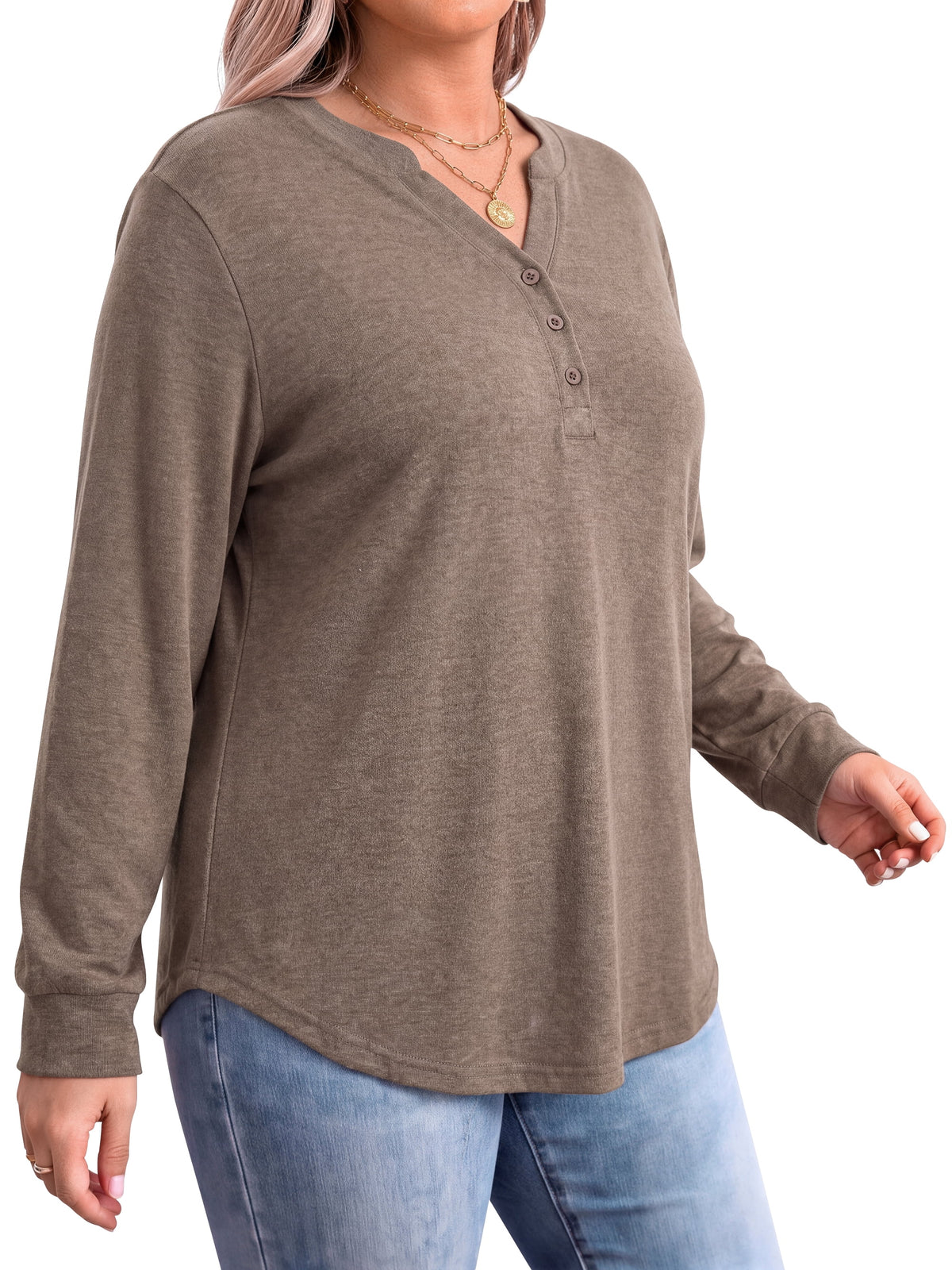 WellSize Plus Size Blouses for Women Henley V Neck Tops Casual Long Sleeve Button Shirts Fall Pullover Outfit