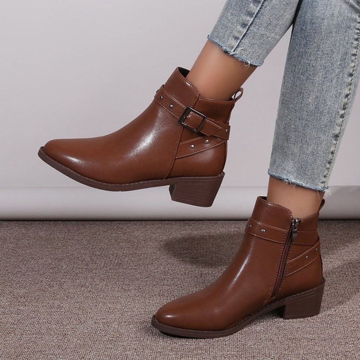 hopeusnice Women's Ankle Boots Buckle Low Heel Pointed Toe Faux Leather Short Boots Block Heel Zipper Comfortable Shoes Brown 39