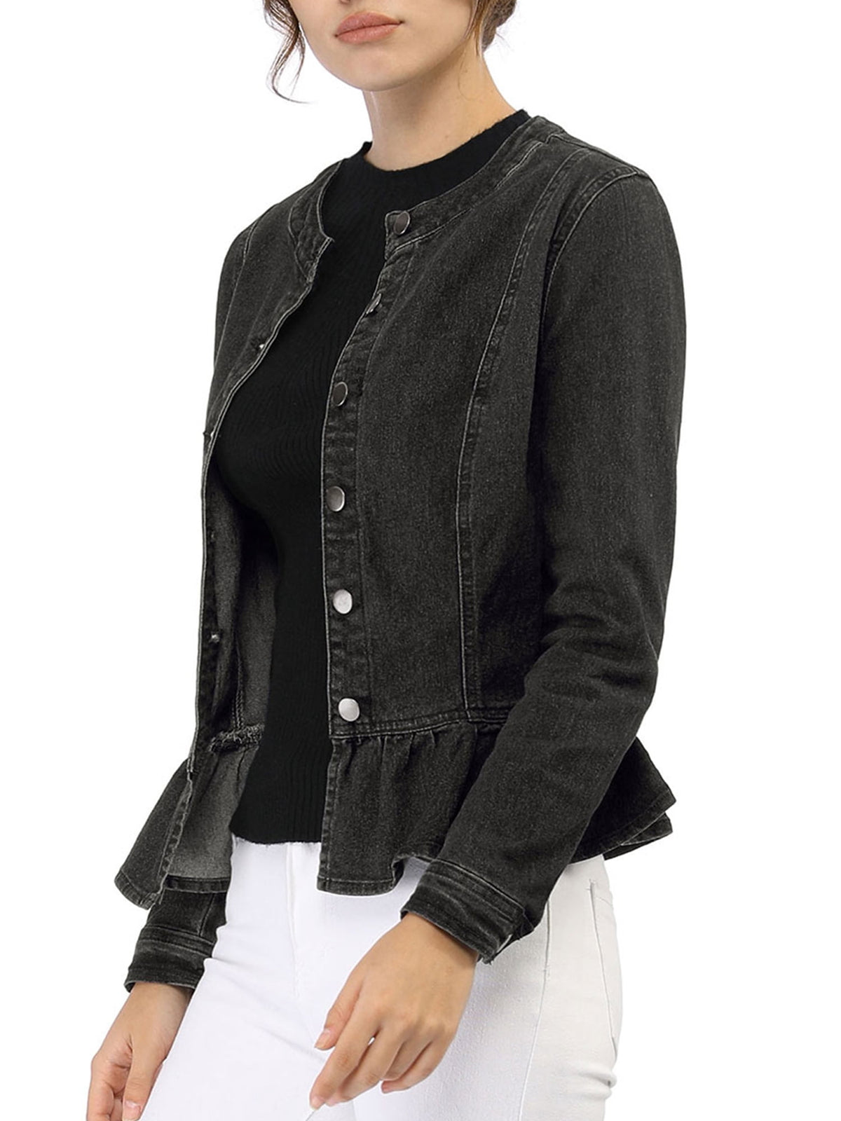 INSPIRE CHIC Women's Denim Jackets Button Down Peplum Hem Long Sleeves Cropped Jean Jackets White L