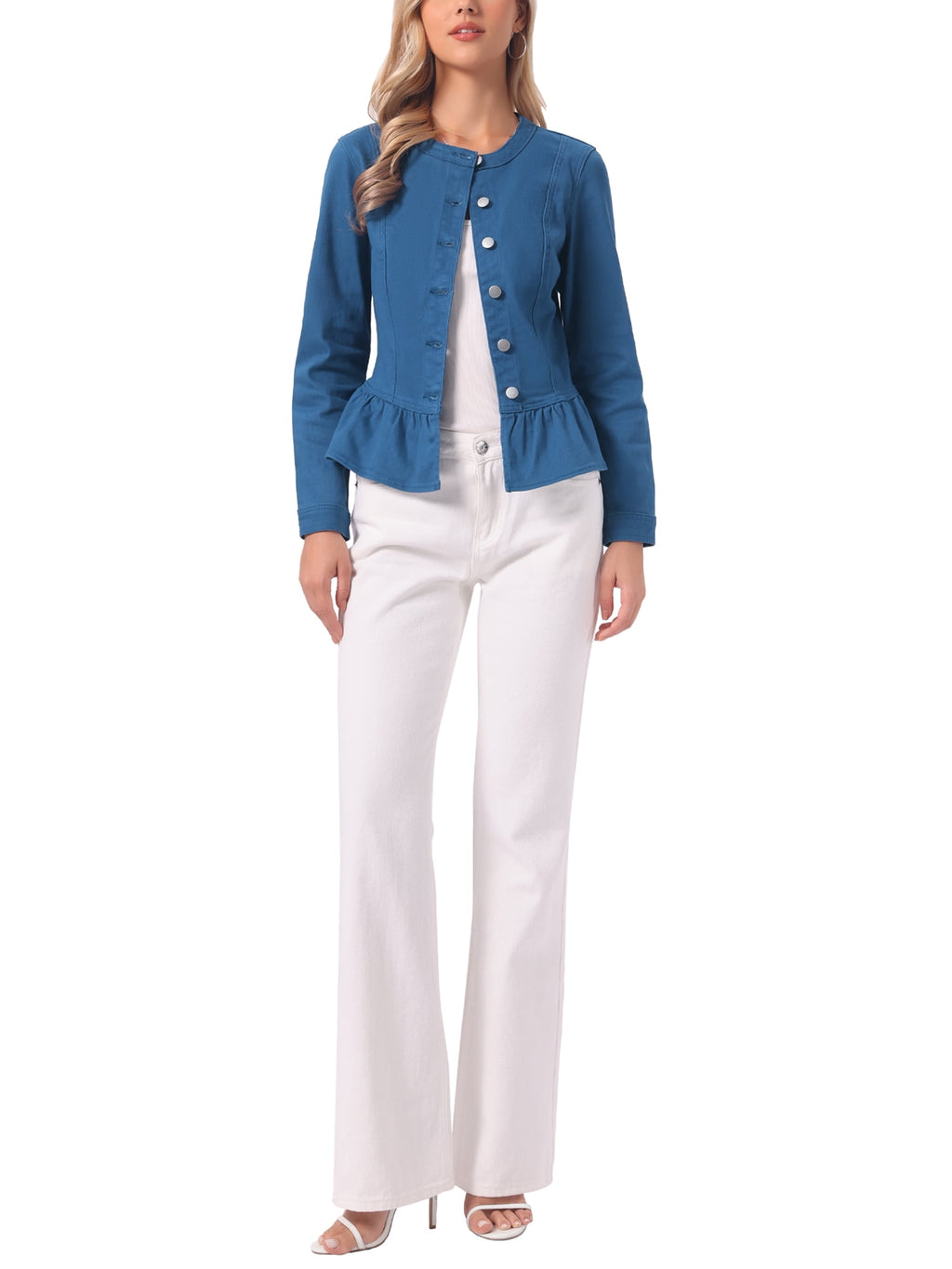 INSPIRE CHIC Women's Denim Jackets Button Down Peplum Hem Long Sleeves Cropped Jean Jackets White L