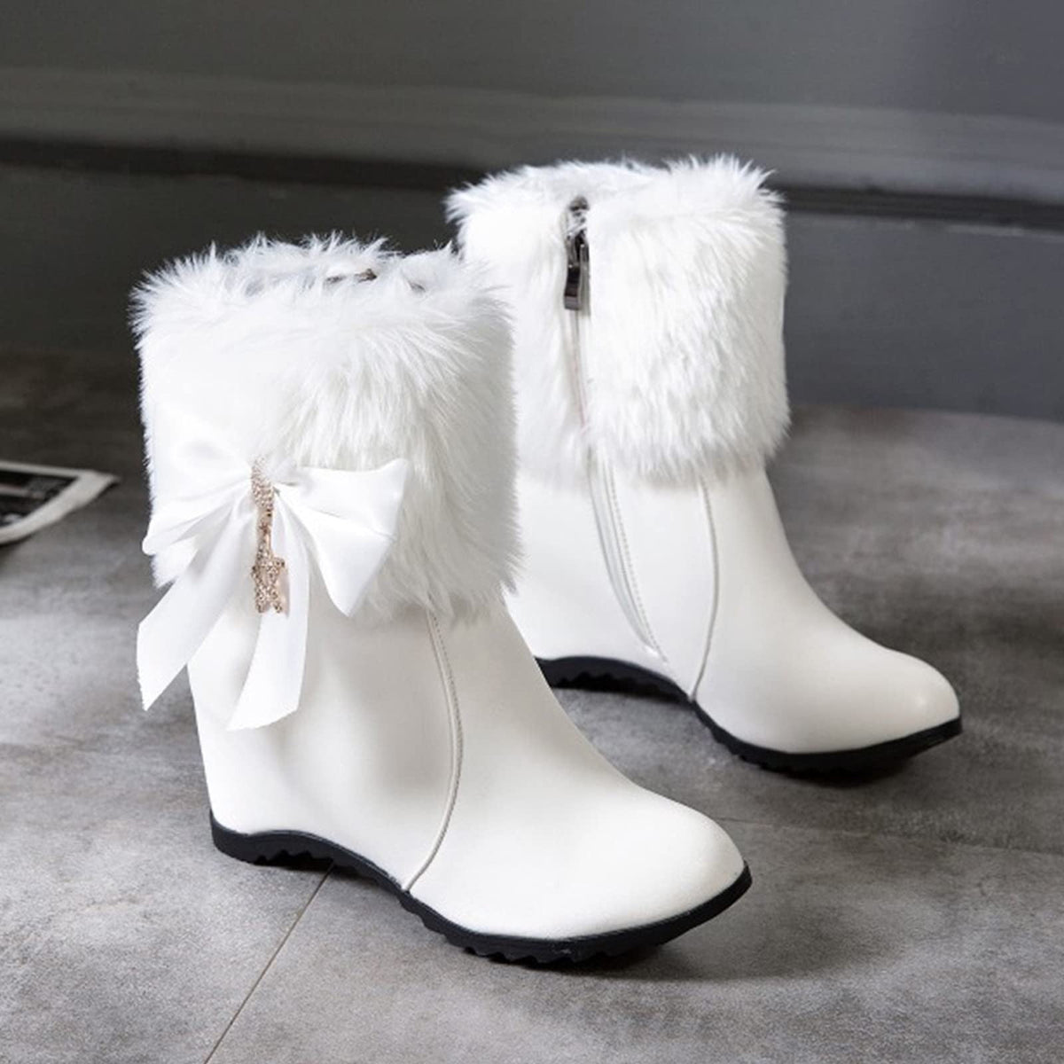 Women Winter Warm Hidden Wedge Snow Booties Leather Cute Bowknot Rhinestones Fuzzy Fleece Lined Thickening Side Zipper Ankle Boots White 39