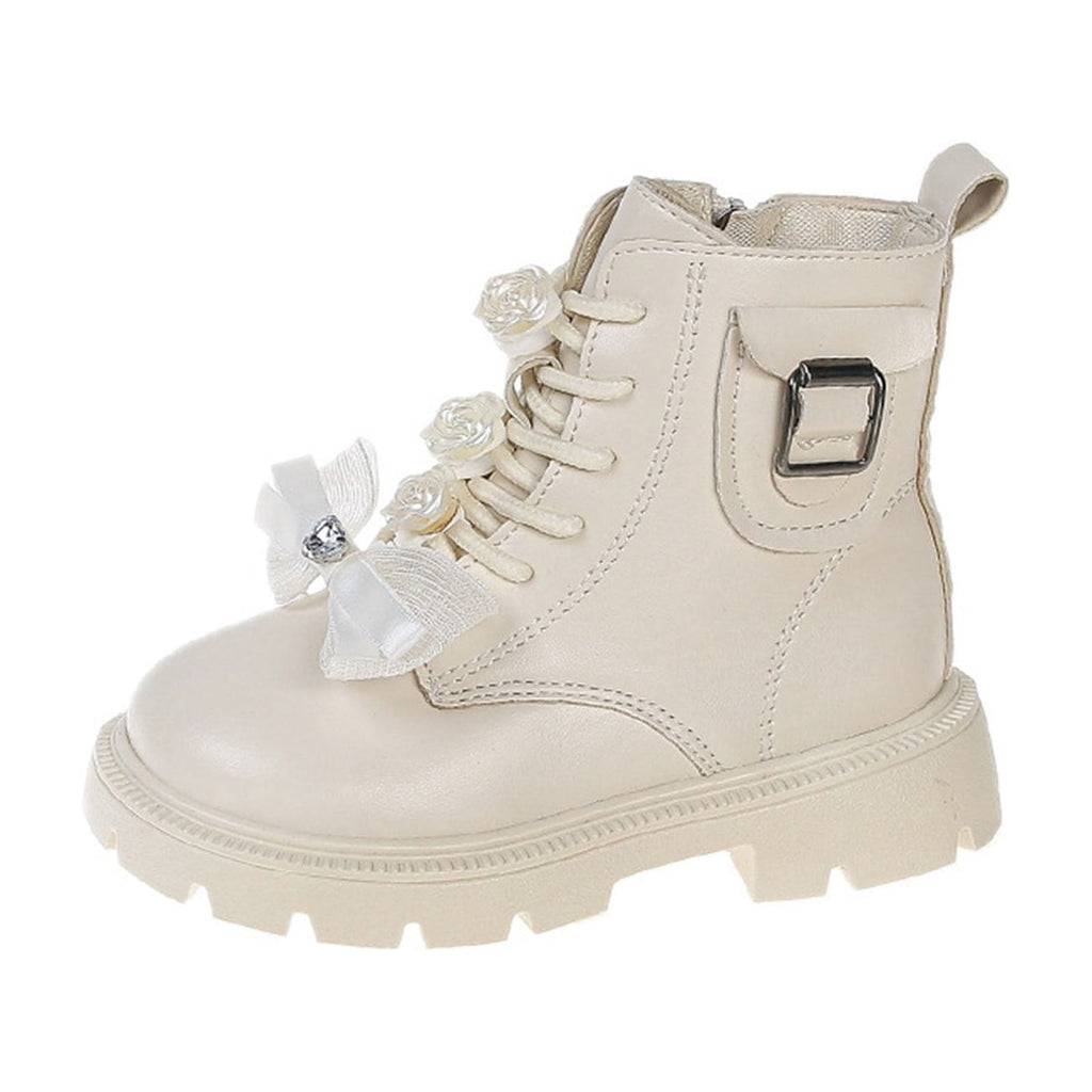 BXJX Girls Ankle Boots with Zipper, Bow Fall Winter Soft Sole Slip-Resistant Lace Up Boots Beige Size 13.5 Little Kids