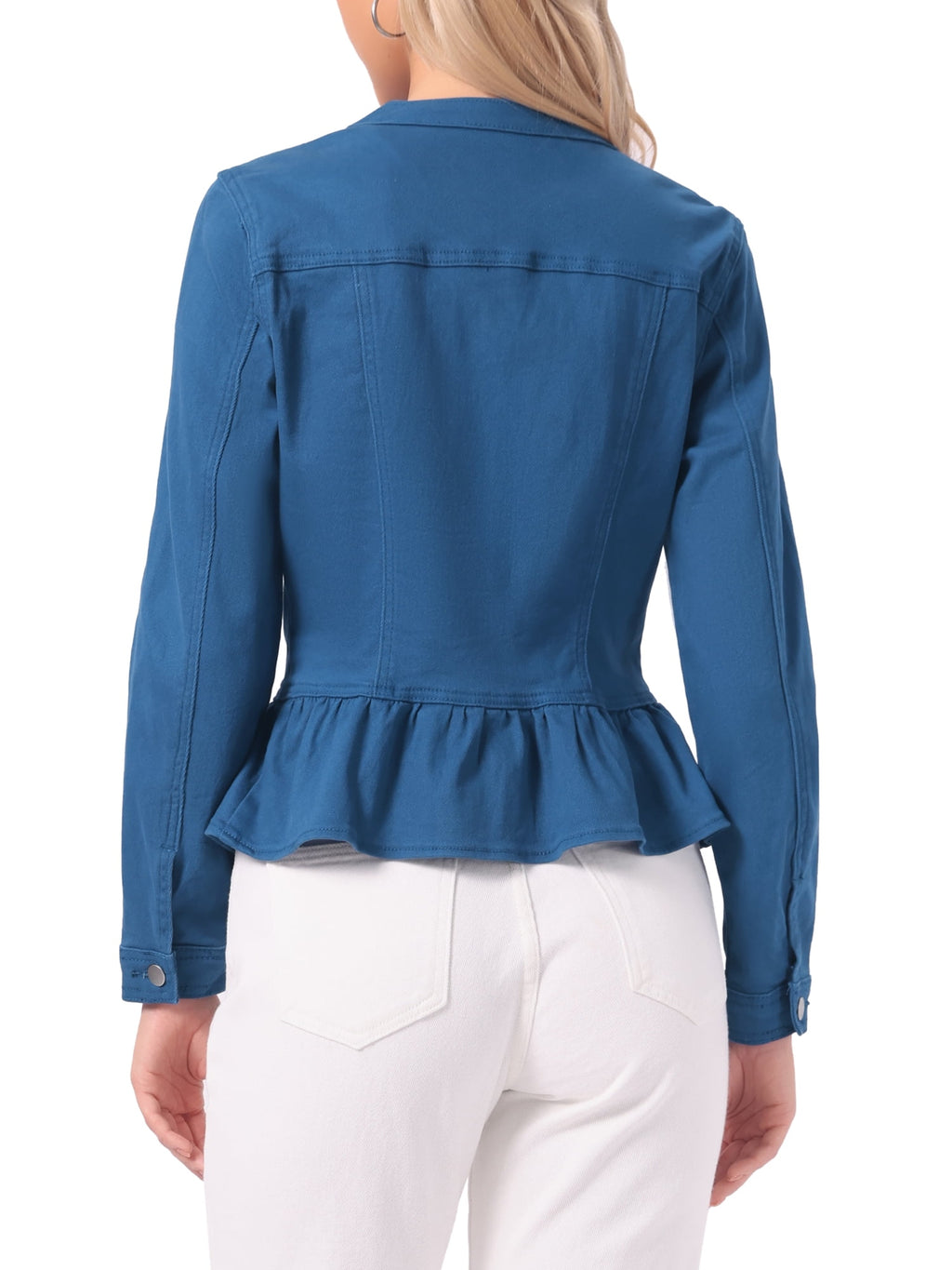 INSPIRE CHIC Women's Denim Jackets Button Down Peplum Hem Long Sleeves Cropped Jean Jackets White L