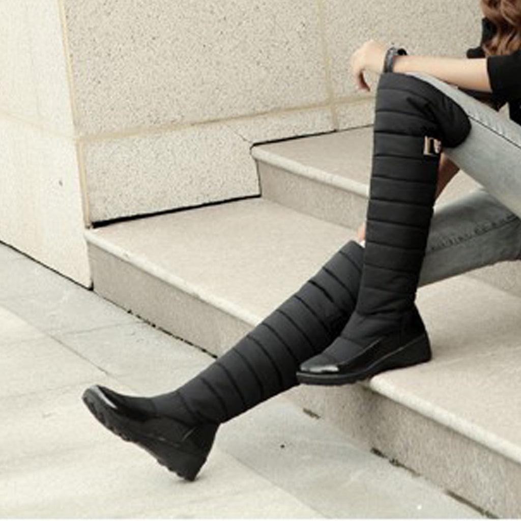 hopeusnice Women's Knee High Boots Winter Warm Snow Boots Padded Quilted Waterproof Boots Buckle Decor Comfortable Shoes Blue 40