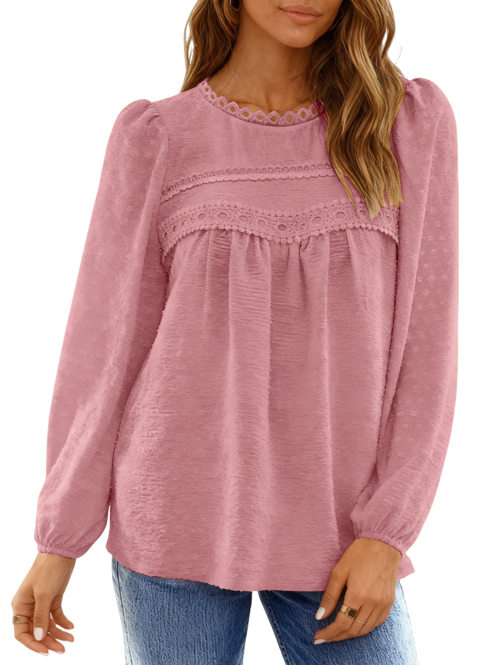 UVN Fall Shirts for Women Long Sleeve Blouses Ladies Crewneck Lace Crochet Tops Dressy Chiffon Blouses