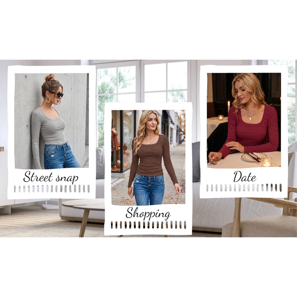 SPROUTOP Slim Fit Blouse for Women Long Sleeve Square Neck Shirts Ribbed Fall Ladies Casual Basic Tops