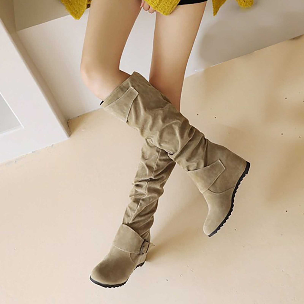 hopeusnice Women's Over The Knee Boots Suede Buckle Wedge Heel Winter Warm Boots Fashion Slouchy Boots Knee High Boots Brown 35