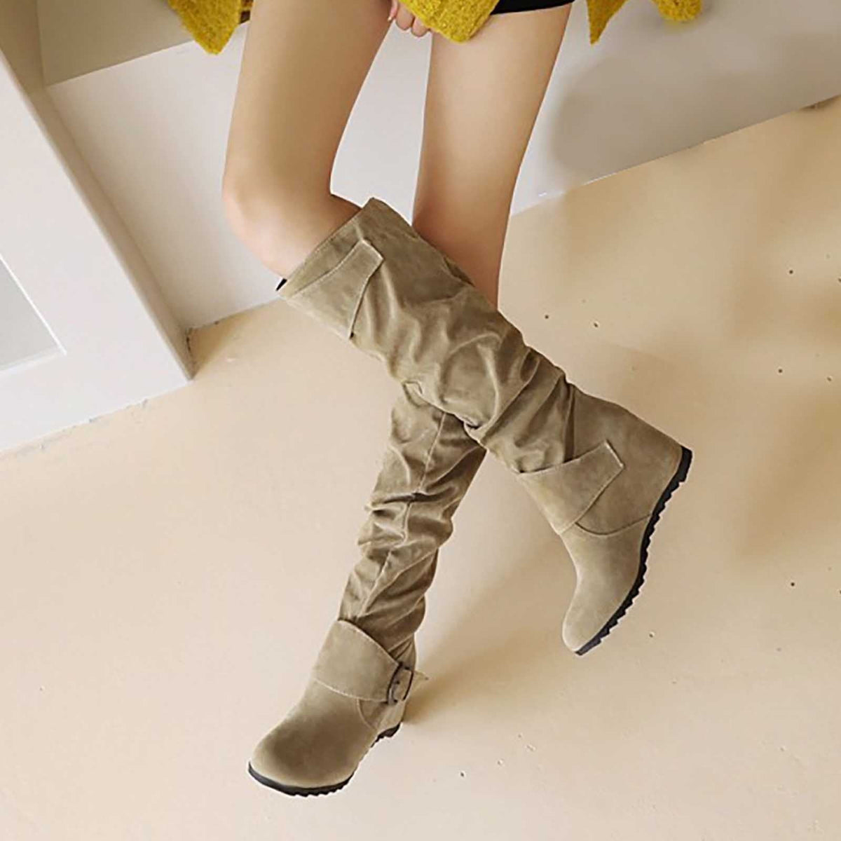 hopeusnice Women's Over The Knee Boots Suede Buckle Wedge Heel Winter Warm Boots Fashion Slouchy Boots Knee High Boots Brown 35