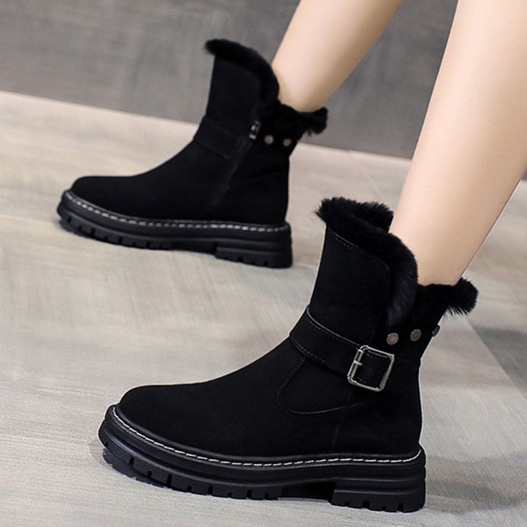 hopeusnice Women's Winter Boots Suede Buckle Ankle Booties Fuzzy Fleece Lined Warm Shoes Snow Boots Black 35