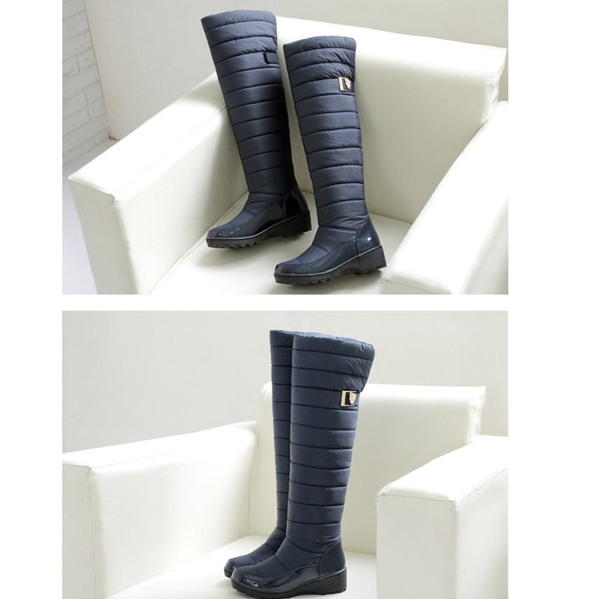 hopeusnice Women's Knee High Boots Winter Warm Snow Boots Padded Quilted Waterproof Boots Buckle Decor Comfortable Shoes Blue 40