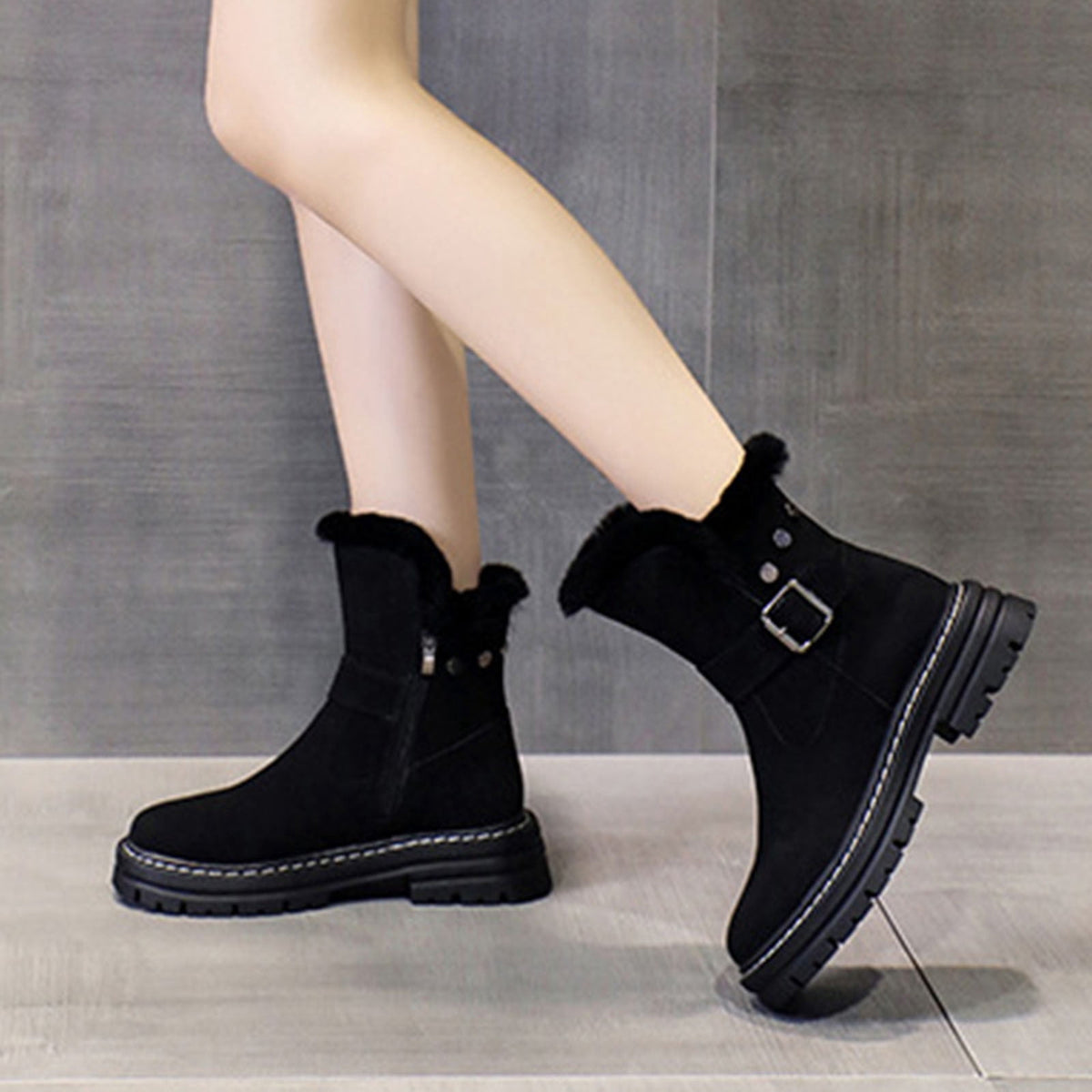 hopeusnice Women's Winter Boots Suede Buckle Ankle Booties Fuzzy Fleece Lined Warm Shoes Snow Boots Black 35