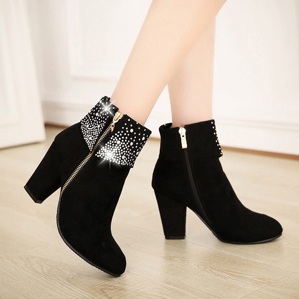 hopeusnice Women's Rhinestone Ankle Boots Zipper Suede Block Heel Booties Comfortable Dressy Winter Warm Shoes Black 36