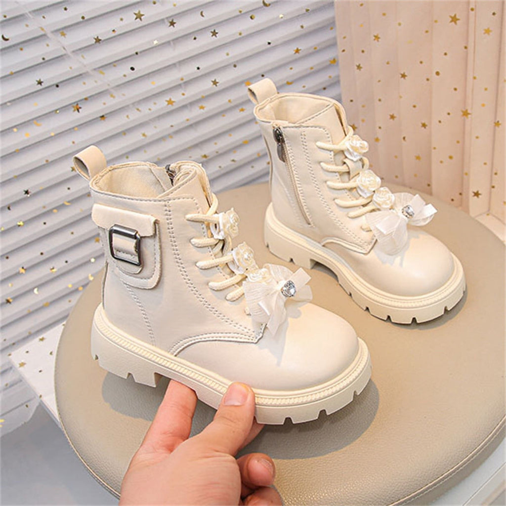 BXJX Girls Ankle Boots with Zipper, Bow Fall Winter Soft Sole Slip-Resistant Lace Up Boots Beige Size 13.5 Little Kids