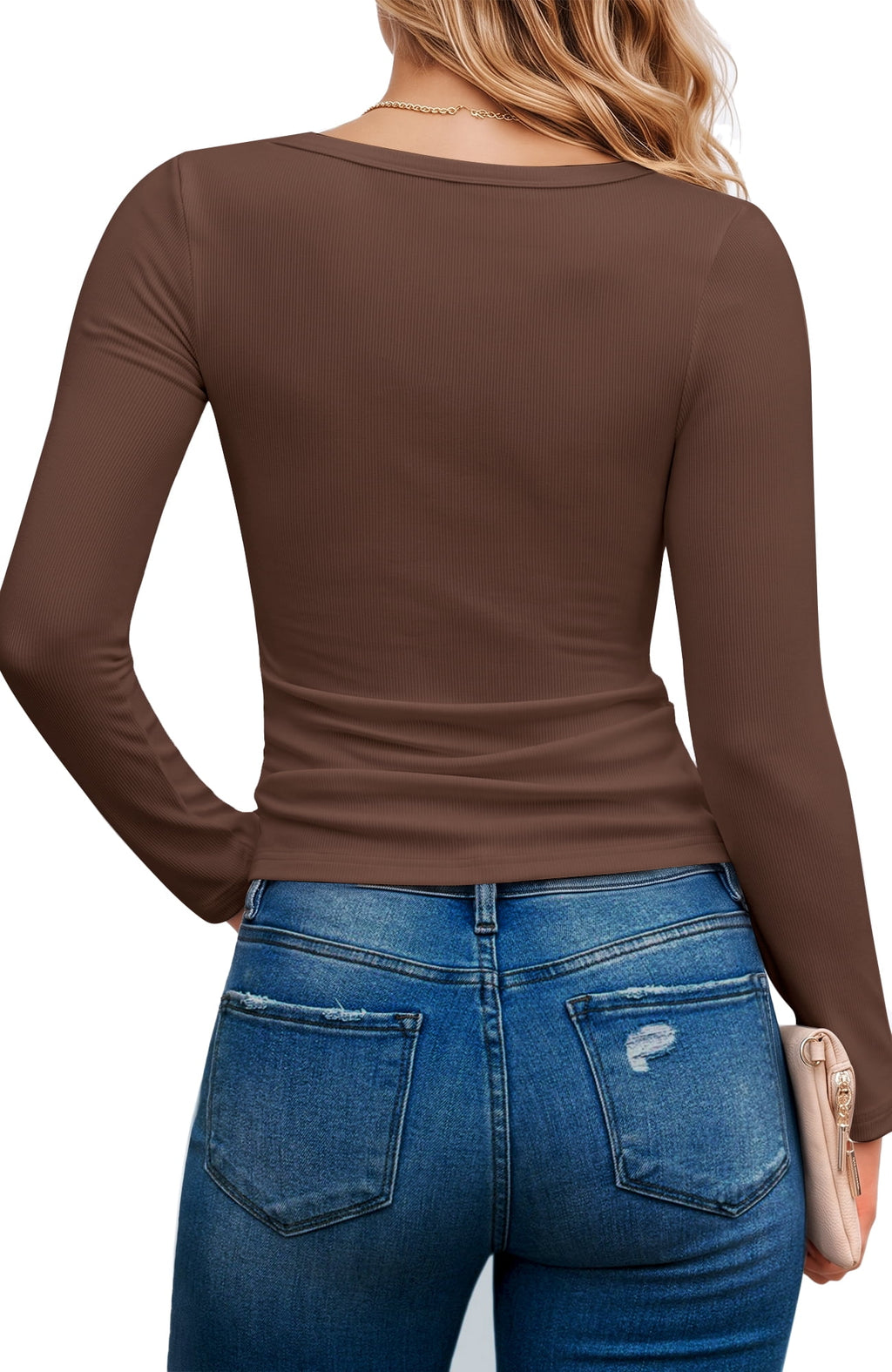 SPROUTOP Slim Fit Blouse for Women Long Sleeve Square Neck Shirts Ribbed Fall Ladies Casual Basic Tops
