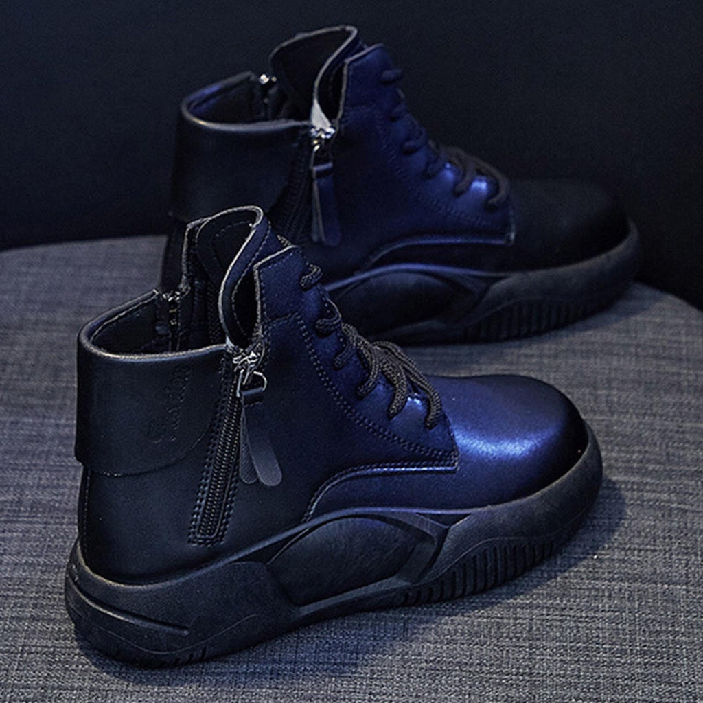hopeusnice Women's Faux Leather Boots High Top Lace Up Zipper Ankle Boots Sneakers Comfortable Breathable Shoes Black 36