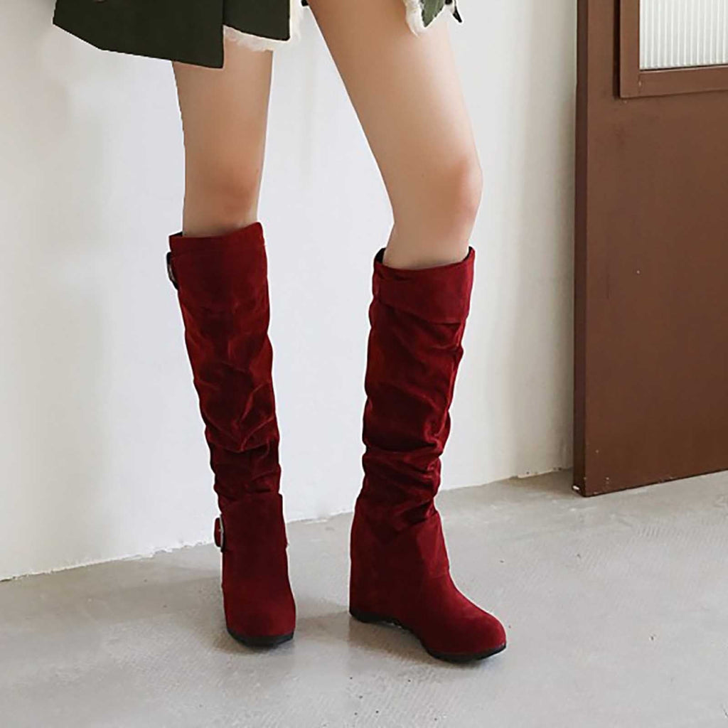 hopeusnice Women's Over The Knee Boots Suede Buckle Wedge Heel Winter Warm Boots Fashion Slouchy Boots Knee High Boots Brown 35