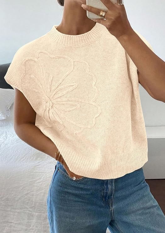 PRETTYGARDEN Women's Spring Sweater Vest Trendy Flower Knit Short Sleeve Cute Pullover Tank Tops Summer Fashion Clothing