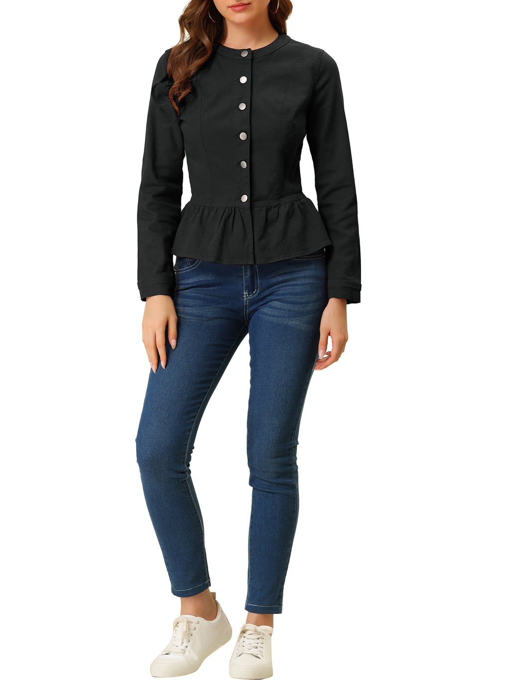 INSPIRE CHIC Women's Denim Jackets Button Down Peplum Hem Long Sleeves Cropped Jean Jackets White L