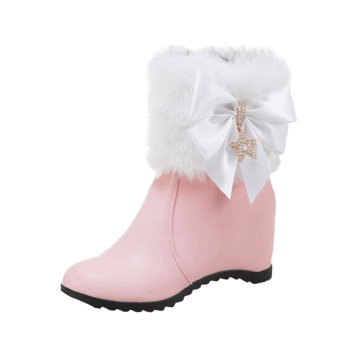 Women Winter Warm Hidden Wedge Snow Booties Leather Cute Bowknot Rhinestones Fuzzy Fleece Lined Thickening Side Zipper Ankle Boots White 39