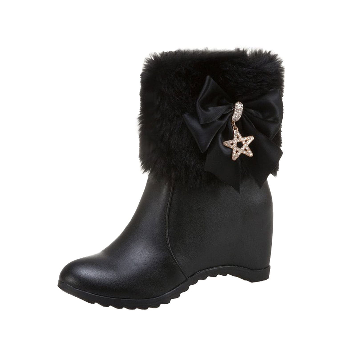 Women Winter Warm Hidden Wedge Snow Booties Leather Cute Bowknot Rhinestones Fuzzy Fleece Lined Thickening Side Zipper Ankle Boots White 39
