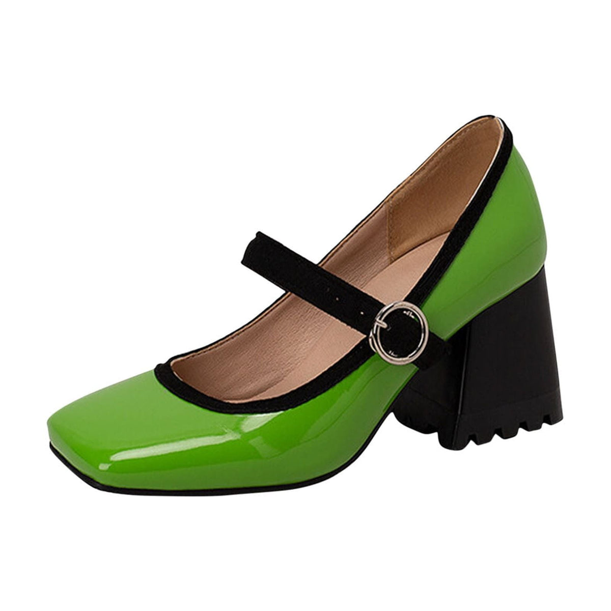 hopeusnice Women's Mary Jane Buckle Block Heel Pumps Square Toe Chunky Heel Dress Shoes Comfortable Formal Wedding Party Shoes Green 38