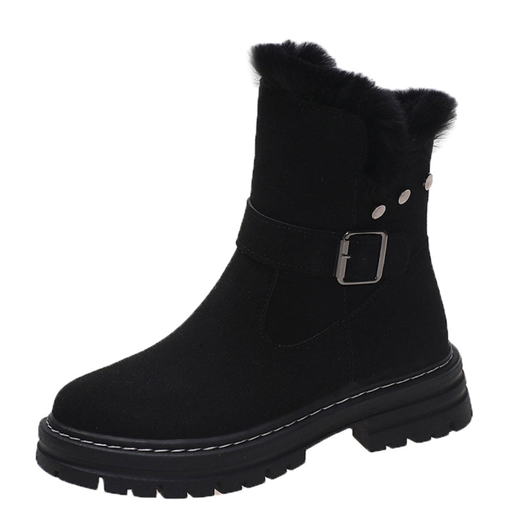 hopeusnice Women's Winter Boots Suede Buckle Ankle Booties Fuzzy Fleece Lined Warm Shoes Snow Boots Black 35