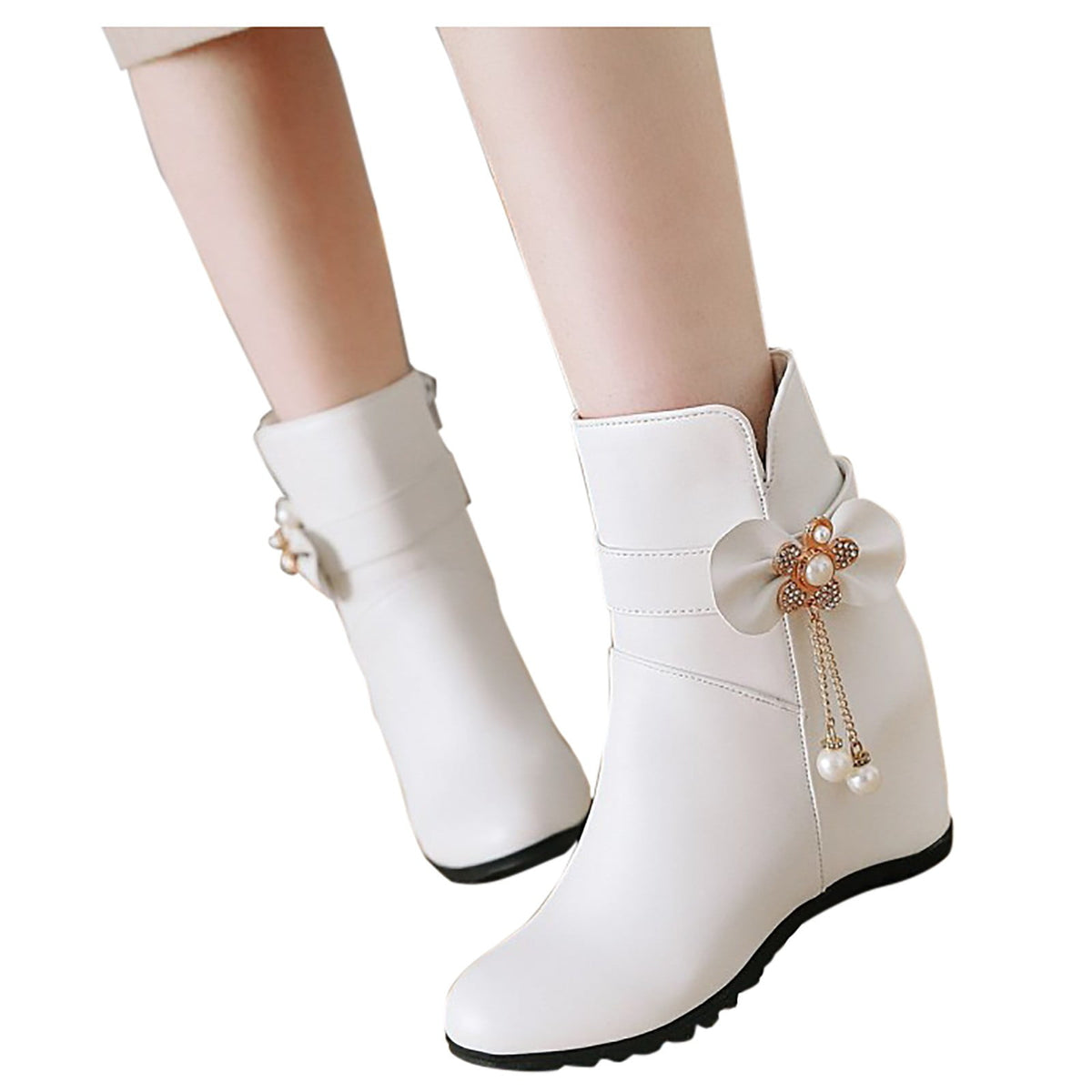 Women's Ankle Boots Wedge Heel Zipper Closure Bowknot Decor Faux Leather Booties Short Boots Comfortable Wedge Heel Shoes Pink 40