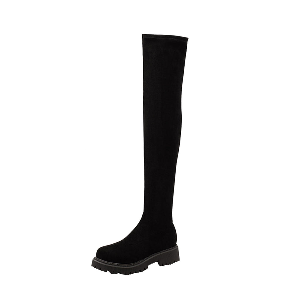 hopeusnice Women's Over The Knee Boots Suede Chunky Heel Winter Warm Boots Stretchy Sock Boots Block Heel Fashion Boots Mid Calf Boots Black 38