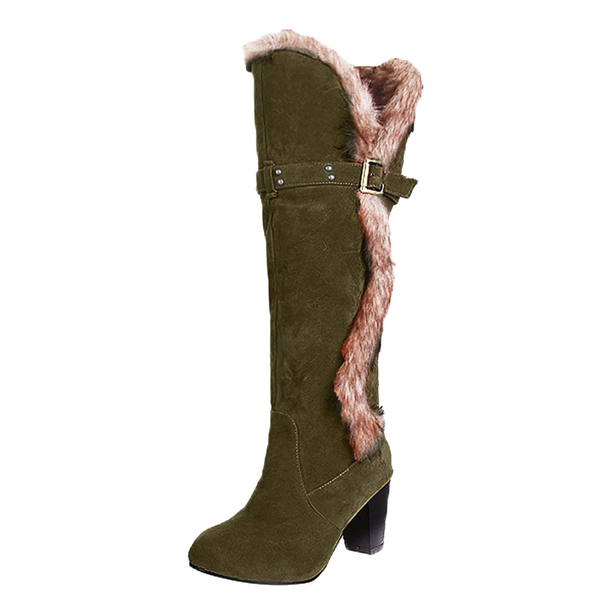 hopeusnice Women's Knee High Boots Fuzzy Fleece Lined Buckle Winter Warm Suede Boots Chunky Heel Comfortable Stylish Outdoor Snow Boots Black 36
