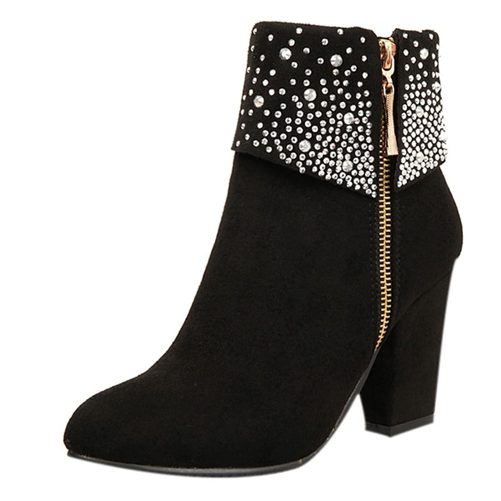 hopeusnice Women's Rhinestone Ankle Boots Zipper Suede Block Heel Booties Comfortable Dressy Winter Warm Shoes Black 36